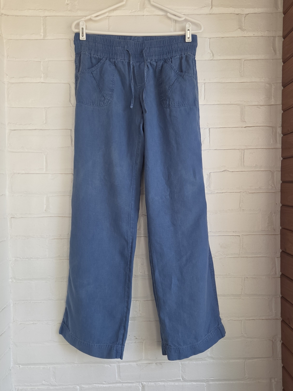 Athleta Linen Pants Blue Straight Leg Drawstring Size 4